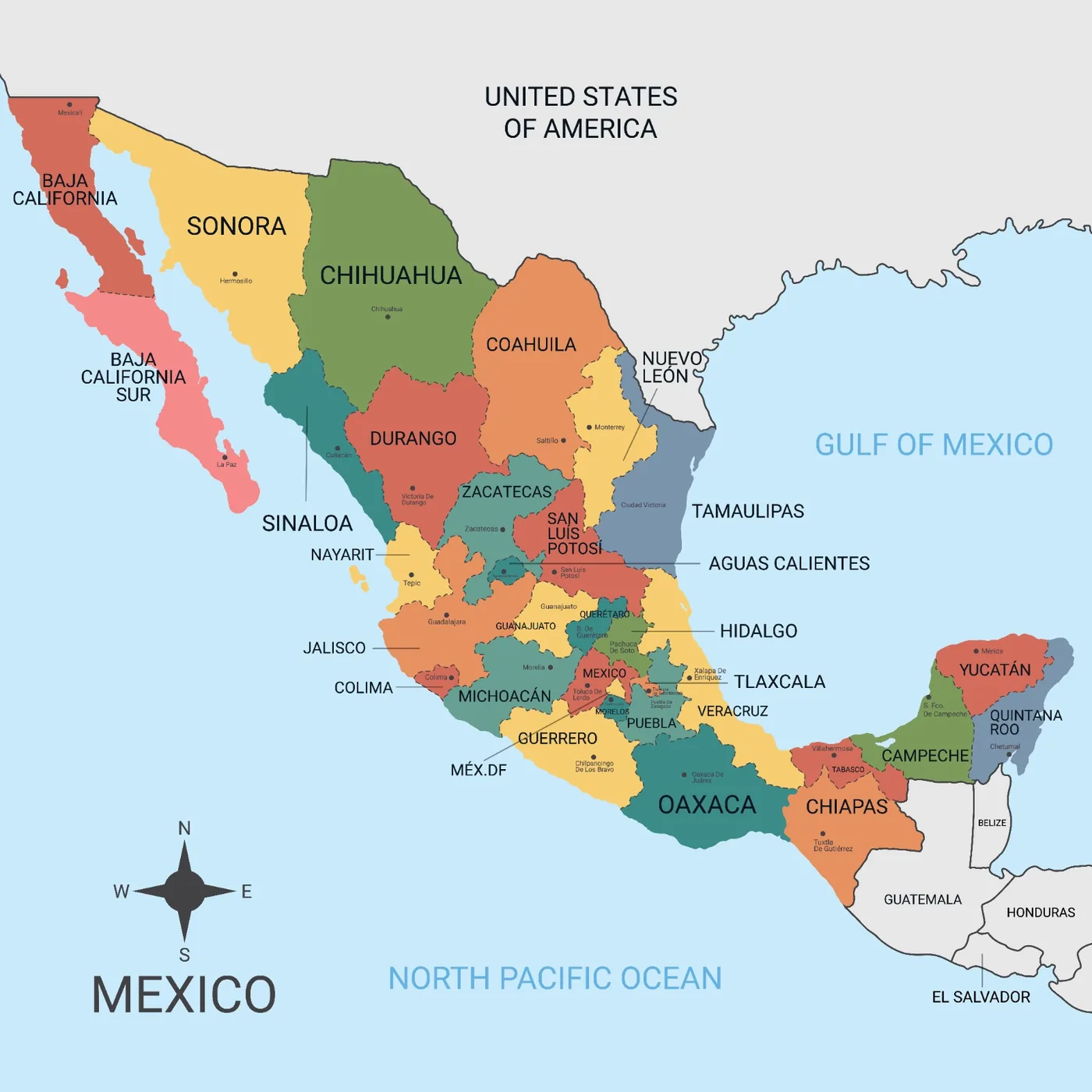 Map of Mexico and its states, where the bilingual Tracks and Signs field guide is researched